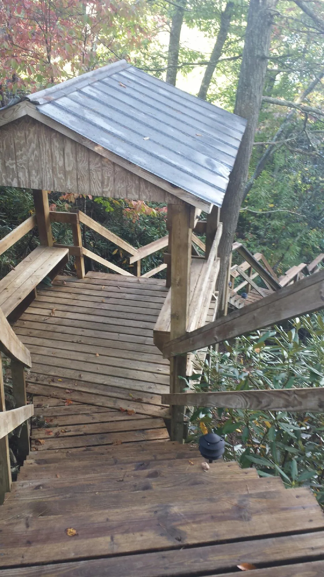 Metal roofed shelter over wooden steps on a wooded walkway — Skylight Repair & Installation work by our crew in Sand Coulee